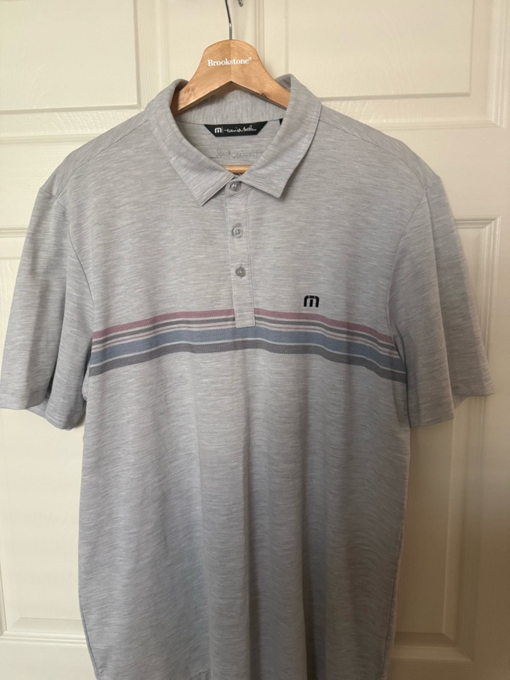 Travis Mathew Men's Heather Light Gray Polo with Muted Stripe